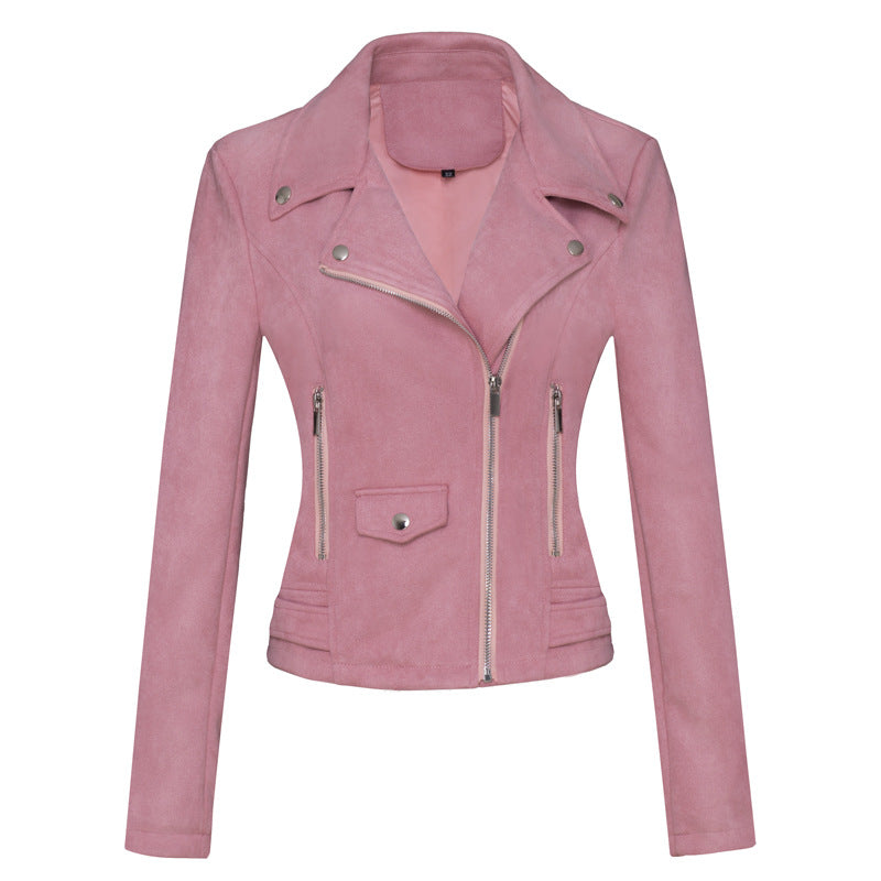 Veste en cuir pour femmes style court Slim-Fit Suede Veste en cuir Velours pour la navette