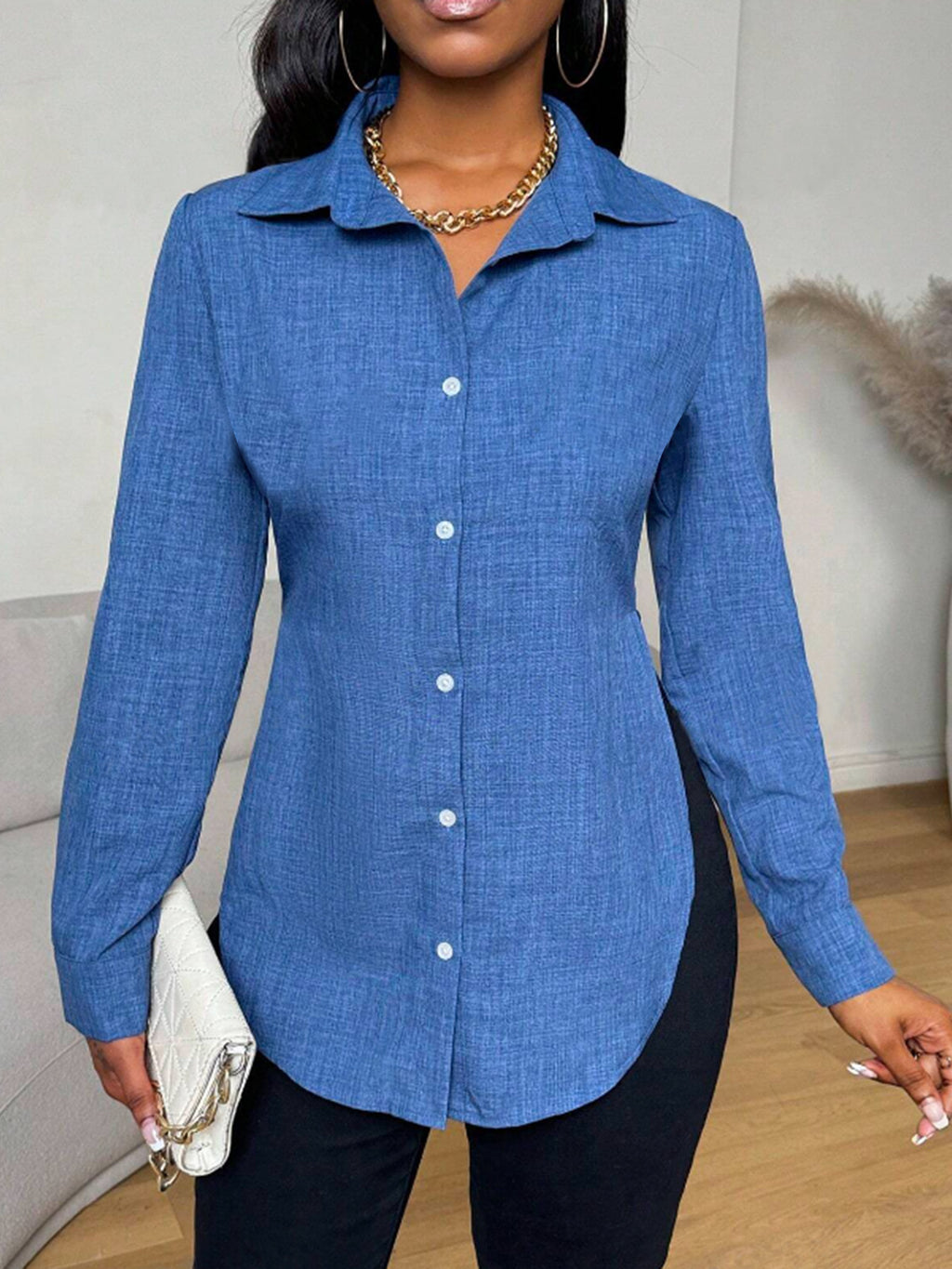 Chemise à manches longues à col Lapel unicolore