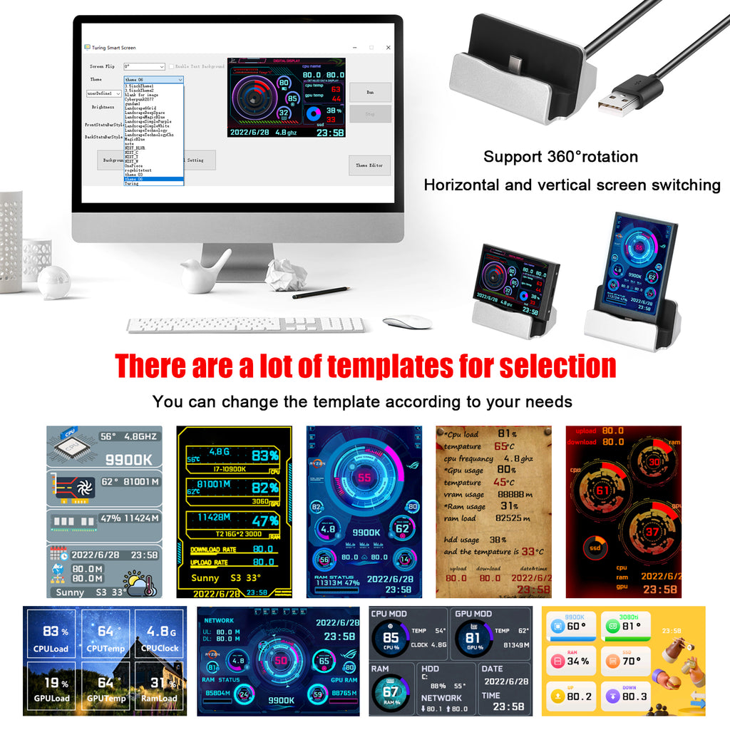 Ordinateur 3,5 pouces petit écran secondaire IPS Full View moniteur de châssis USB