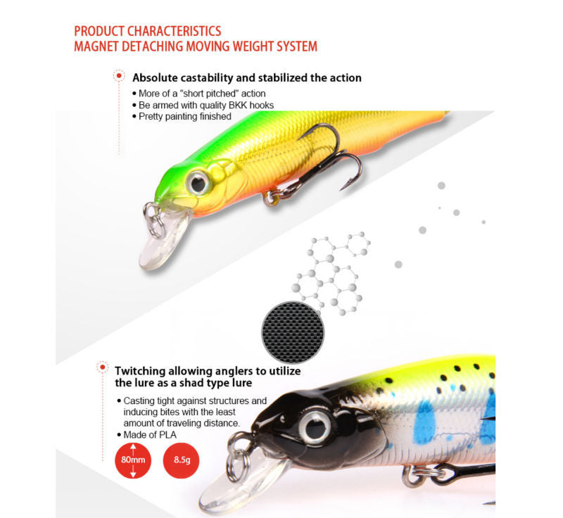 Long S 80mm8.5g Lure magnétique de pêche en eau douce