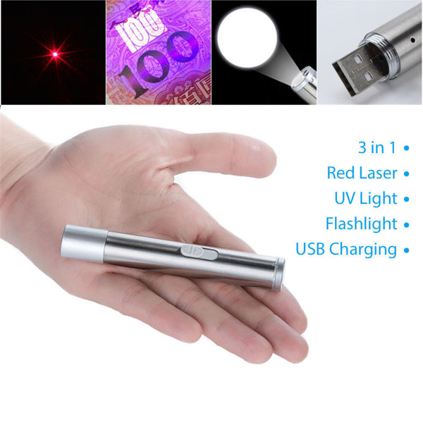 3 In1 1mw USB rechargeable jouet stylo lampe de poche rouge laser faisceau UV lumière 3-modes