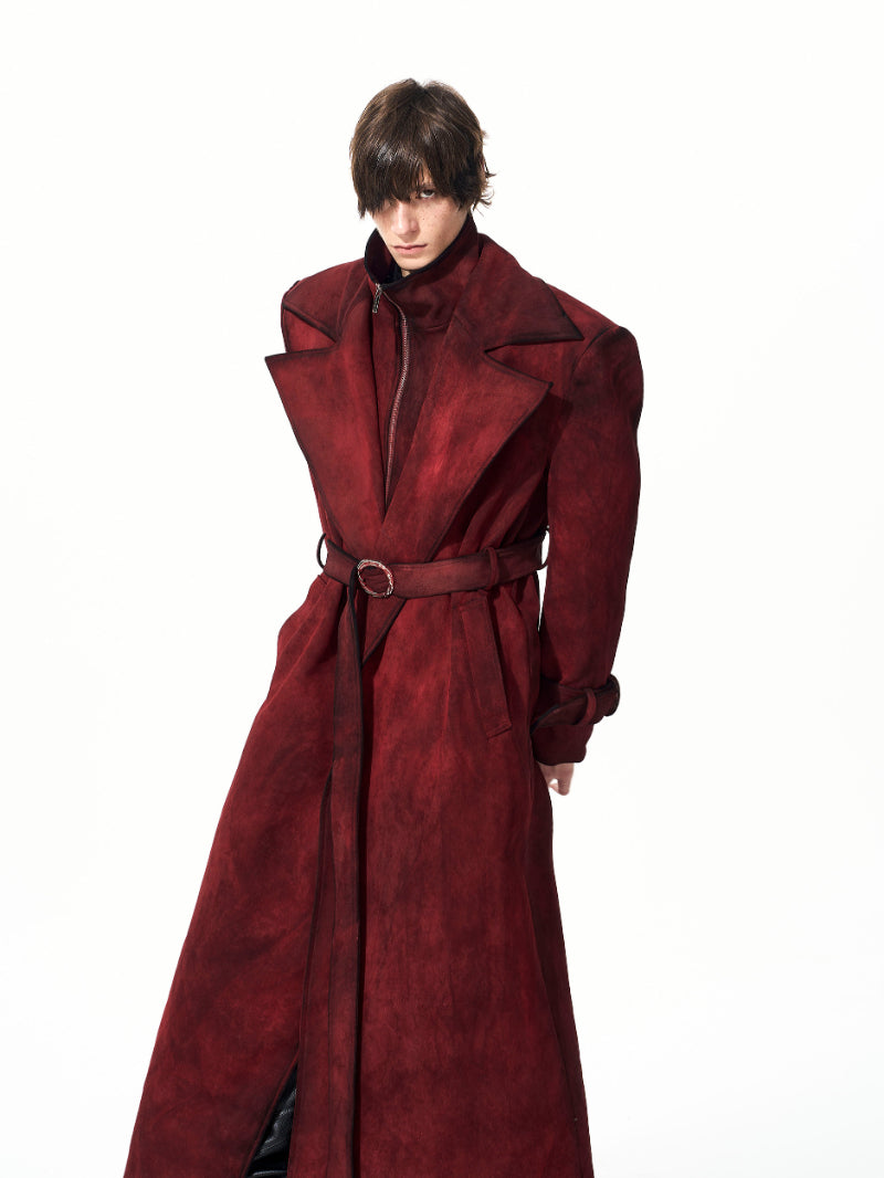 Mens Red Faux Deux-Piece Suede-Look Rembourré Thicker Long-Style Laine Trench Coat
