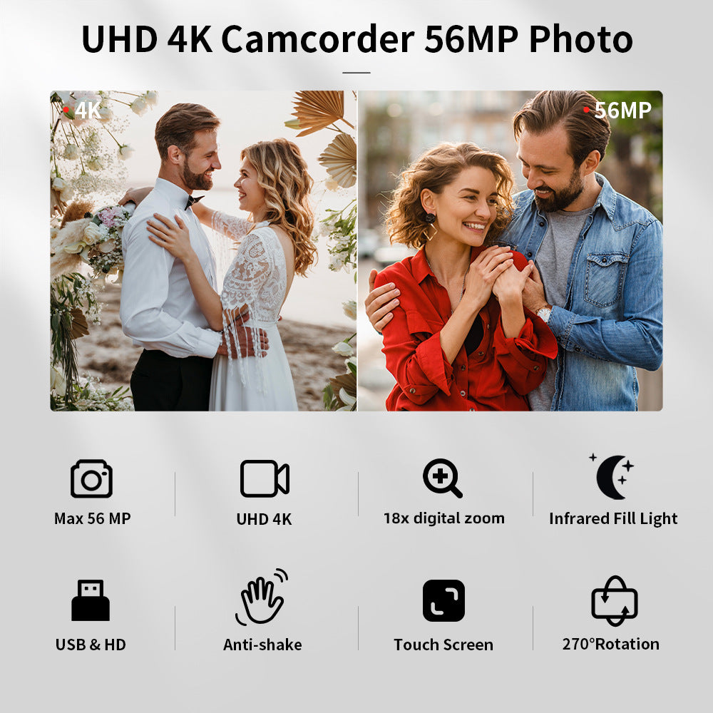 Caméscope numérique 4K avec un microphone coupe-vent et lumière de remplissage