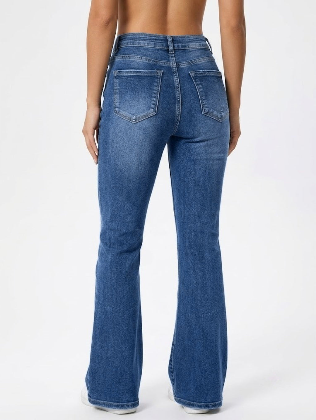 Femelle haute de la taille Knee Ripped Flare Denim Jeans Stretch Slim Floor-Length Pantalons Pour