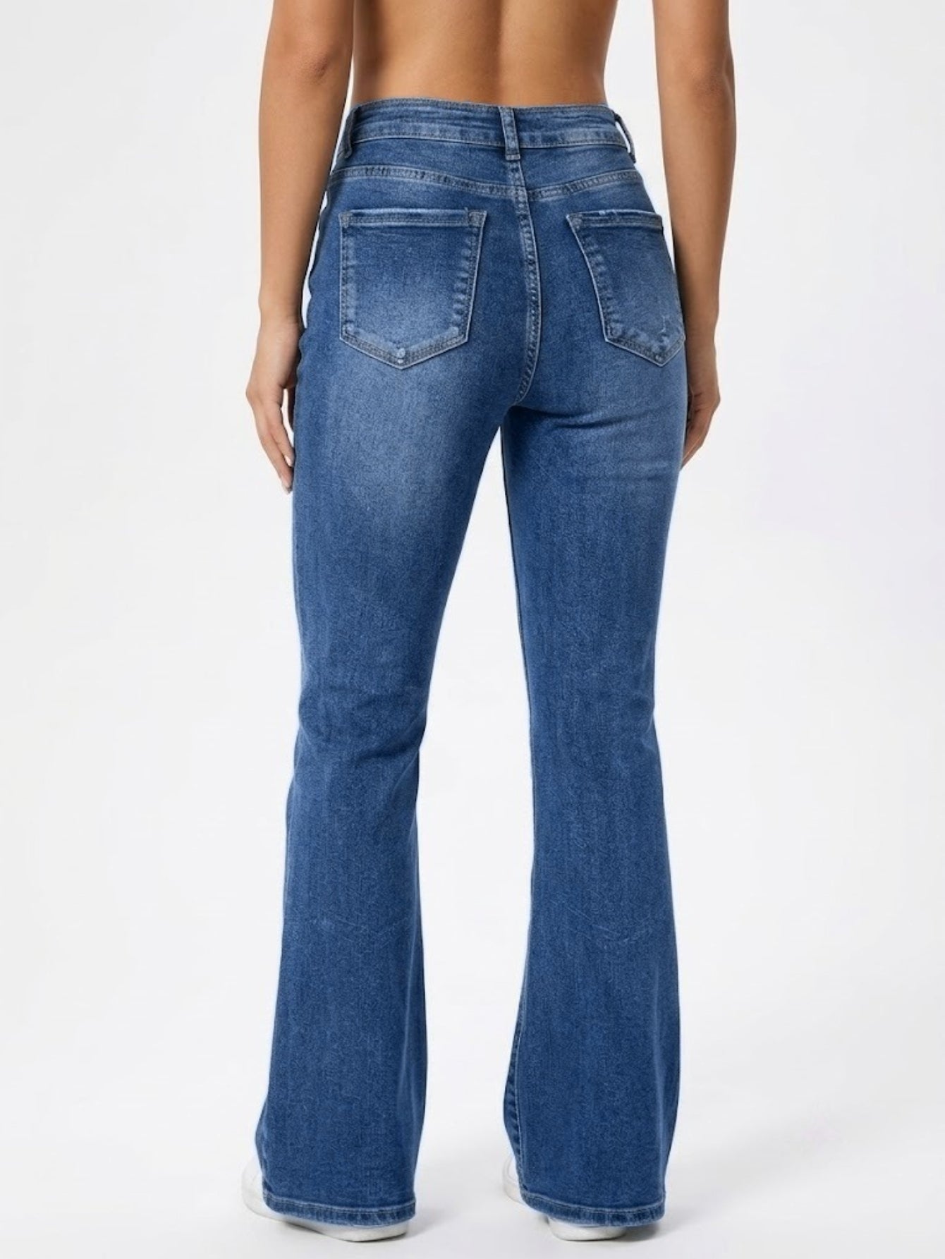 Femelle haute de la taille Knee Ripped Flare Denim Jeans Stretch Slim Floor-Length Pantalons Pour