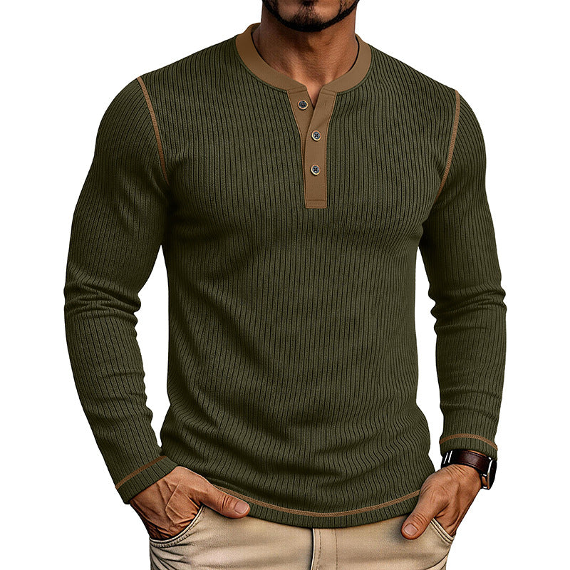 T-shirt manches longues pour hommes avec un chandail Henley bloqué en couleur