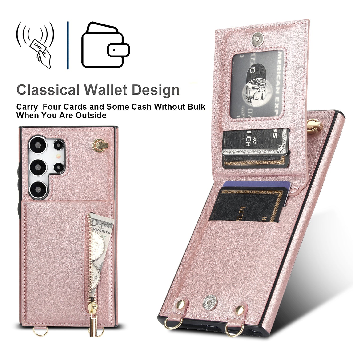 Card Crossbody Zipper Coque de téléphone en cuir