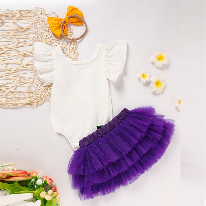 2-Piece Baby Girl's Printed Onesie with Elastic Tulle Skirt and Bow