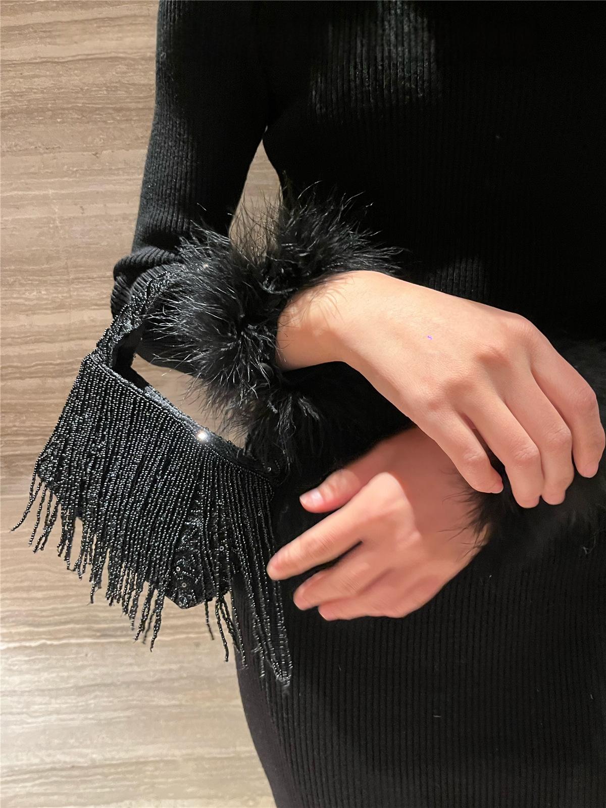 Style chinois Vintage Handmade Solid-black Perle Tassel Tote Bag
