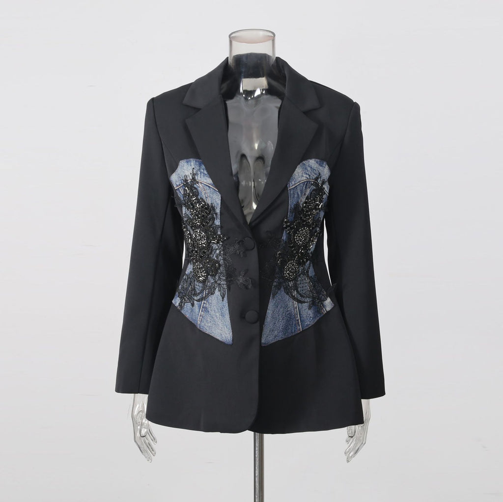 Tailored Blazer with Denim Patch & Black Lace Rhinestones