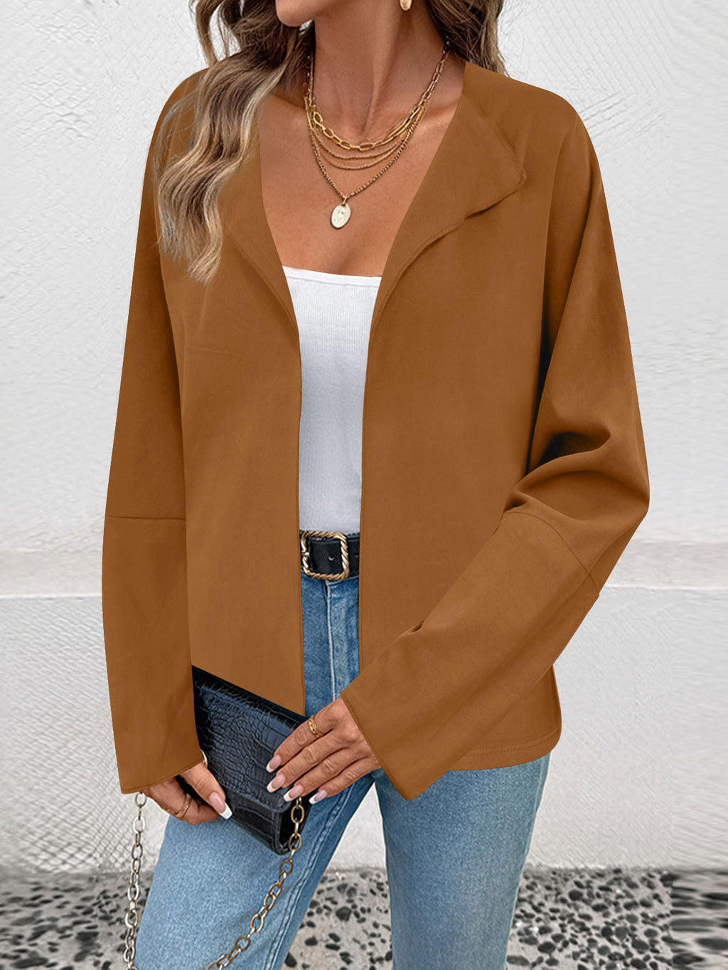 Femmes Ouvert Avant Blazer Veste Lapel Collar 3 4 Manches Casual Loose Solid Couleur Carte courte