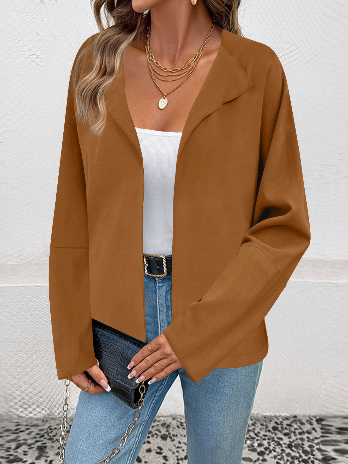 Femmes Ouvert Avant Blazer Veste Lapel Collar 3 4 Manches Casual Loose Solid Couleur Carte courte
