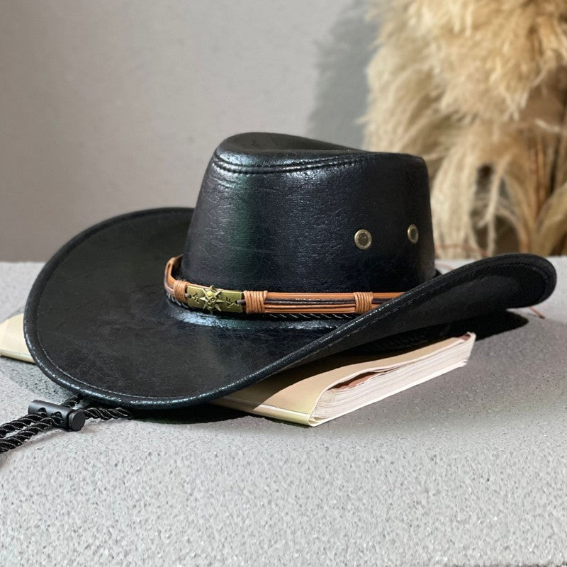 Chapeau en cuir rétro ethnique Western Denim