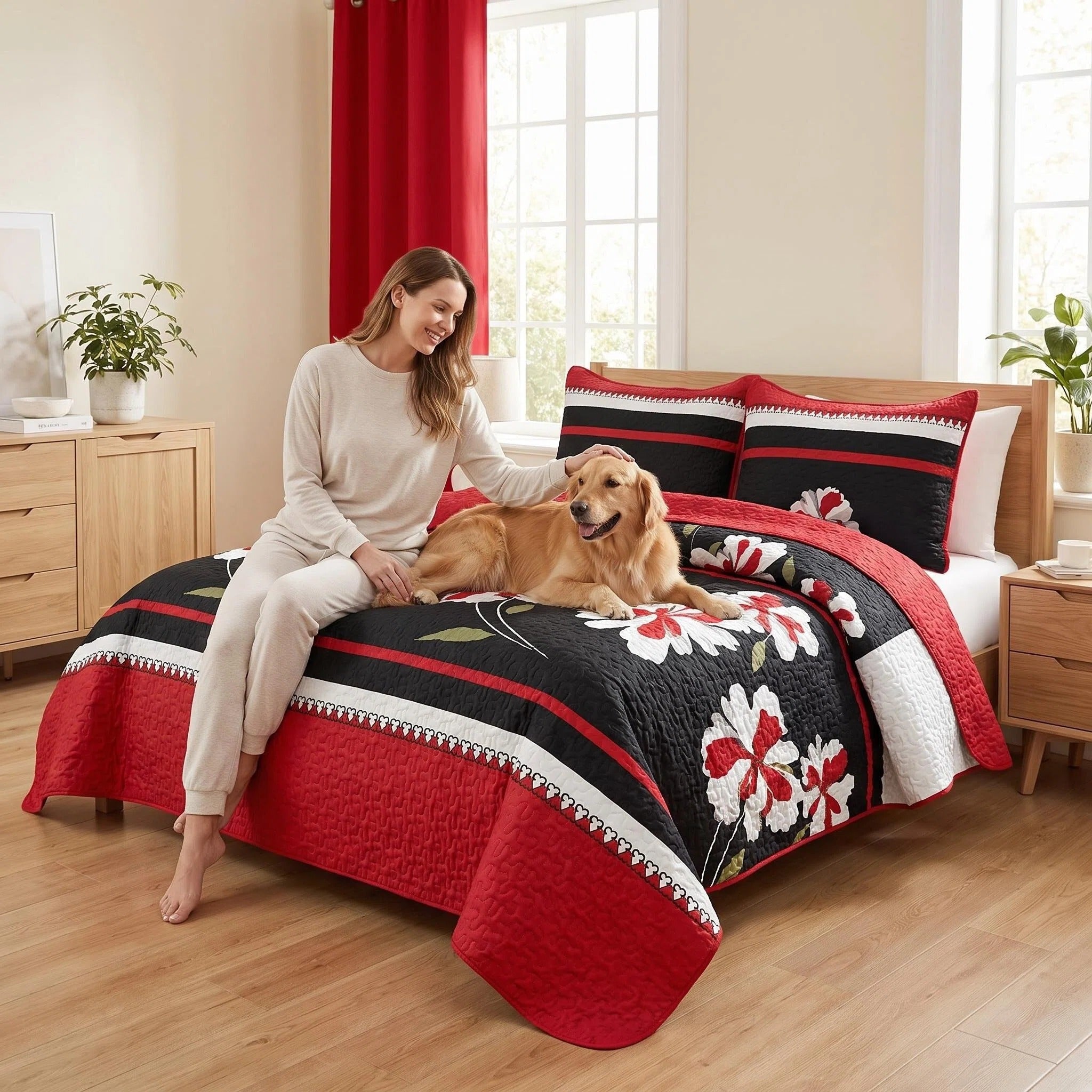 Couche de lit et rideau noir et rouge 9 pièces