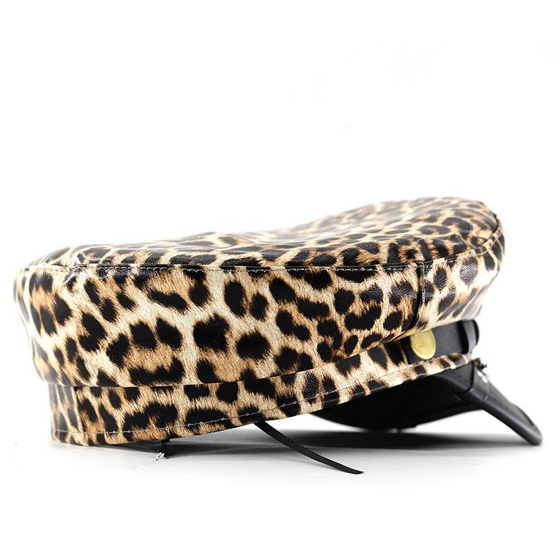 Lady Leopard-print PU Cuir Bold Stud Belt Design Beret avec Retro British Style Metal F
