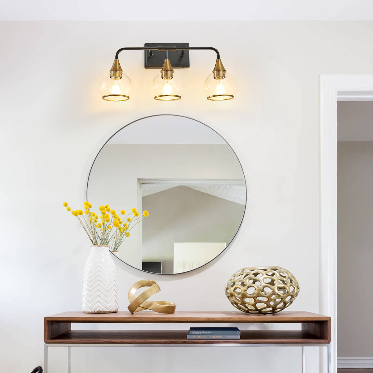 23in Modern 3-Light Vanity Wall Sconce - Black and Gold Bathroom Light Fixture with Clear Glass