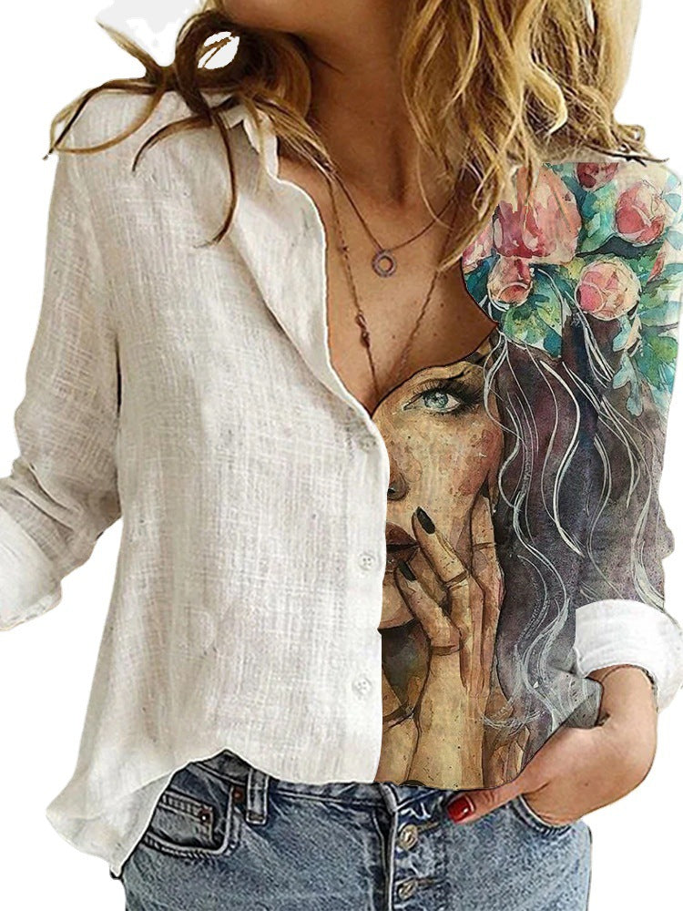 European and American Summer Fashion Women's Loose Style Retro Cartoon Digital Printed Lon