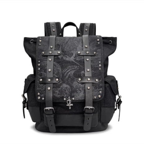 Sac à dos en denim brûlé au laser avec rivets en cuir véritable et fermoir de homard