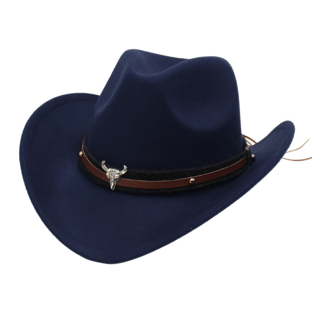 Chapeau américain rétro Western Cowboy - Silver Bull Head Large Brim Felt Chapeau tricoté