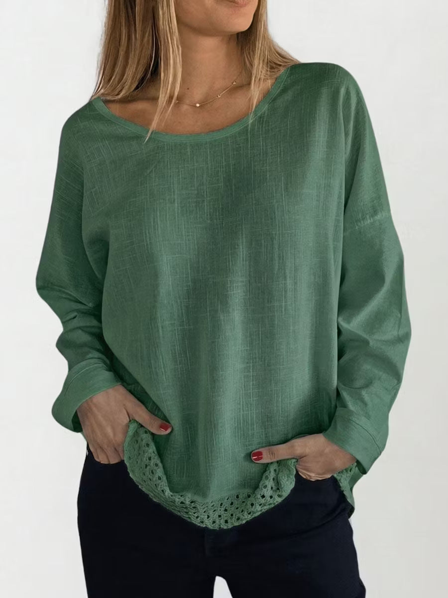 Arrivée Élégante chemise à manches longues en dentelle à col solide pour femmes