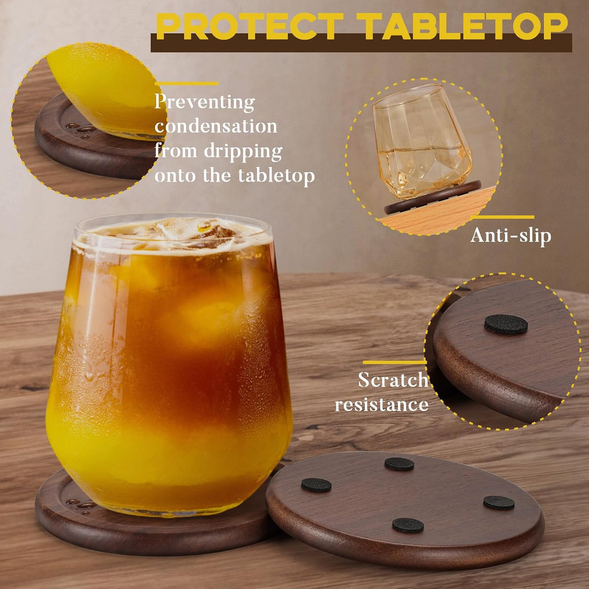 Ensemble de sous-verres en bois de 6 avec support