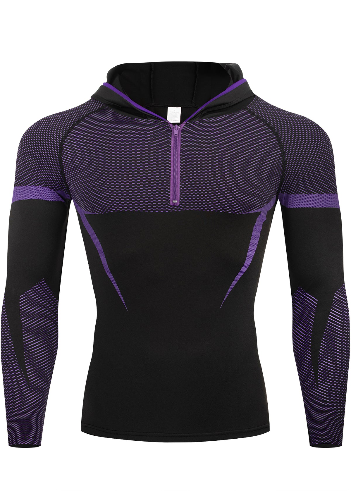 Hommes demi-zip Compression à capuche manches longues Chemise Noir Rouge Couleur Bloc Mesh Spliqued Quick