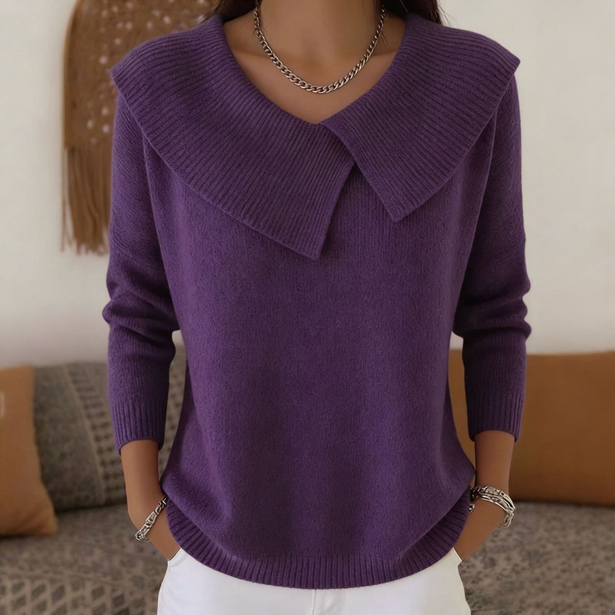 Mode Coréen Rétro Tempérament ludique Slim Lapel Sweater tricoté Lazy Tempérament