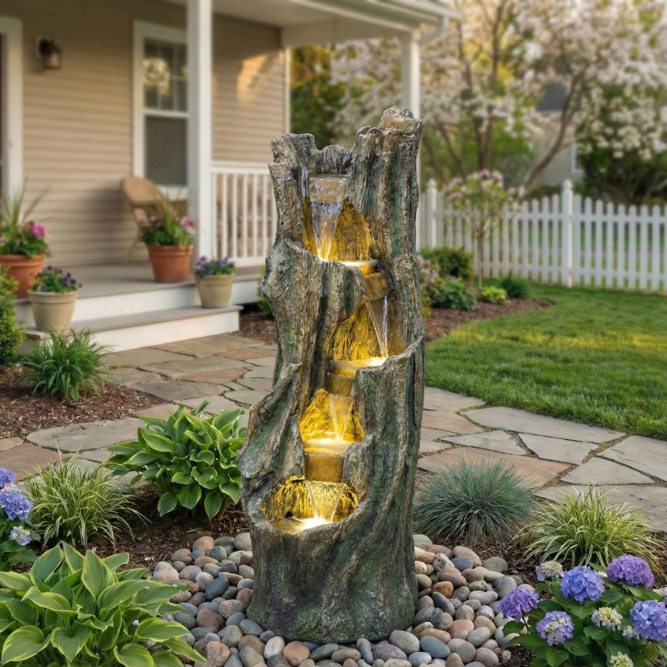 Fontaine de chute d'eau pour les jardins extérieurs et les jardins de patio comprend une LED L économe en énergie