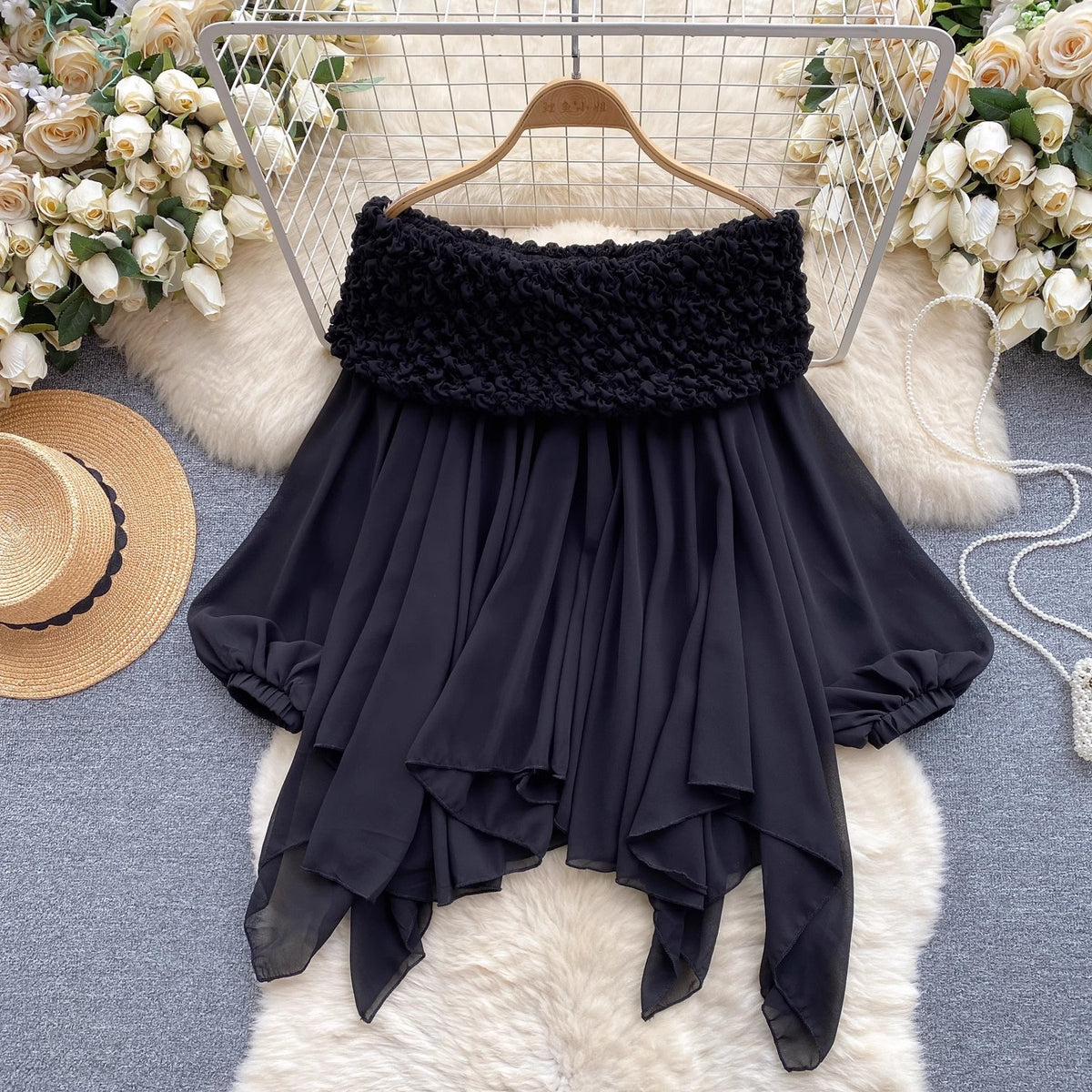 Asymmetric halter neck blouse with cuffs