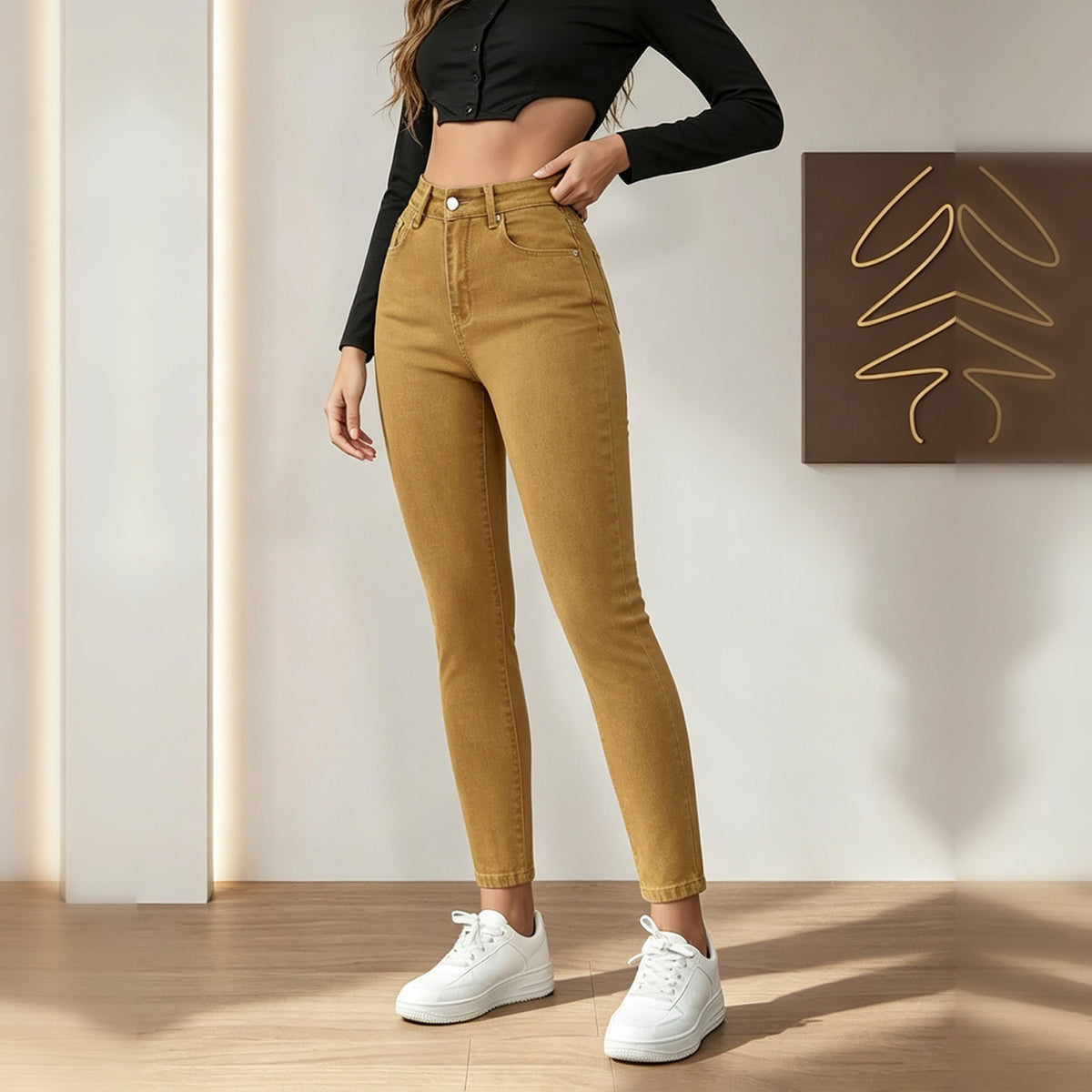Femmes Moutarde Jaune haute taille Skinny Jeans