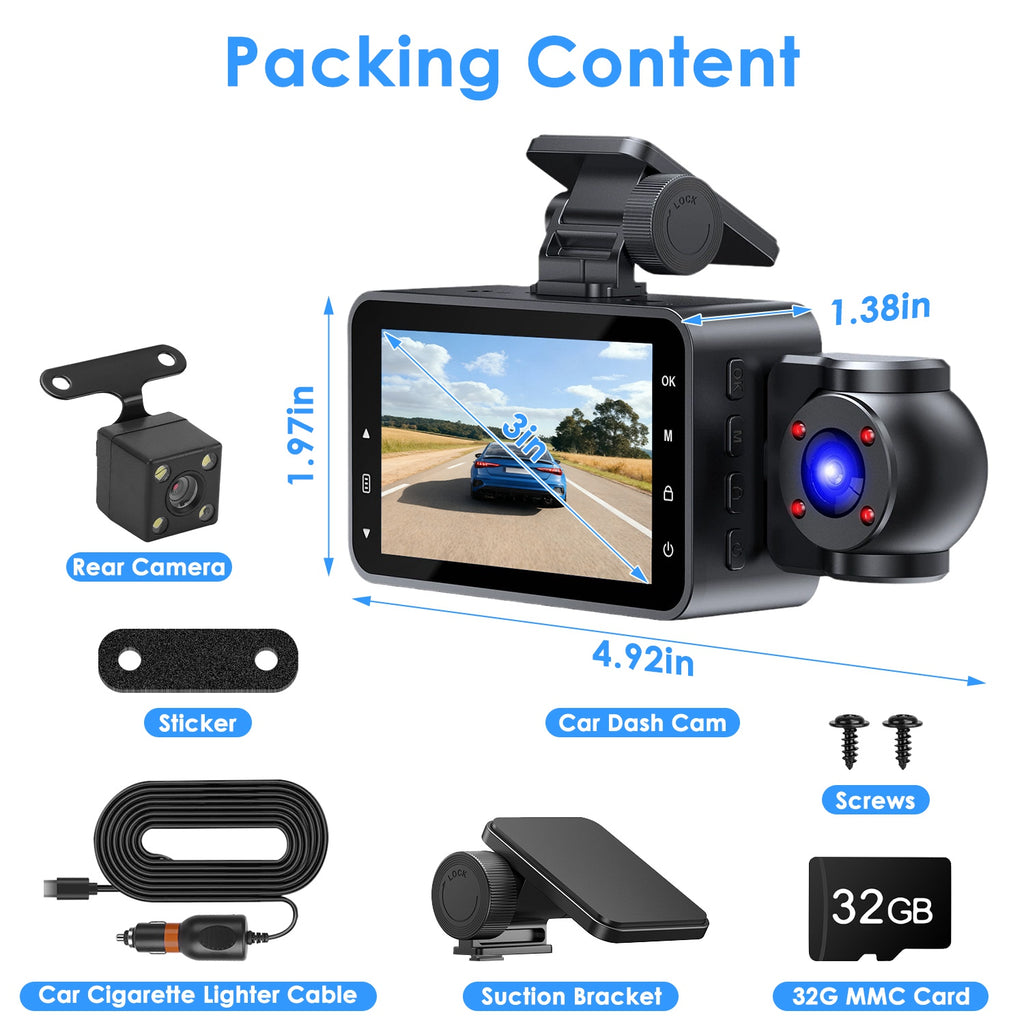 WiFi FHD 1080P 3 canaux voiture Dash Cam arrière à l'intérieur avec détection de mouvement de carte MMC 32G