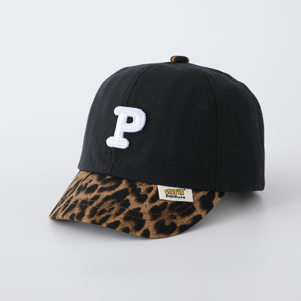 Children's Patchwork Leopard Print Brimmed Letter P Three-Dimensional Embroidered Adjustable
