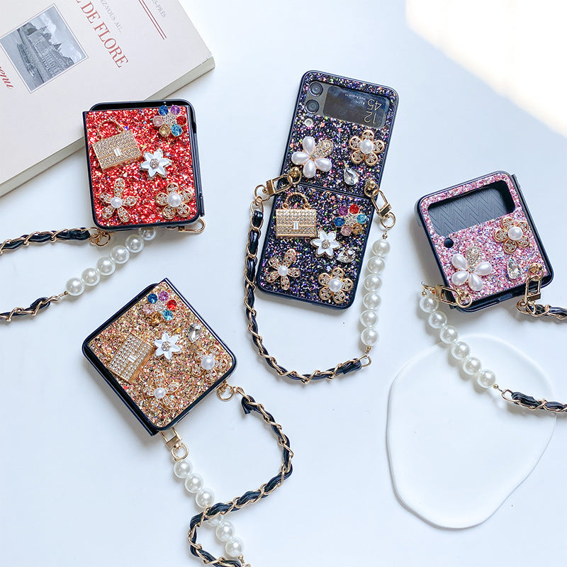 Femelle Fleur Sequin Strass Pearl Écran pliable Flip Case téléphone