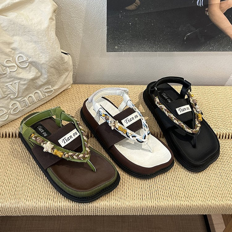 Femmes Boho Perled Woven Strap Platform Flip Flops
