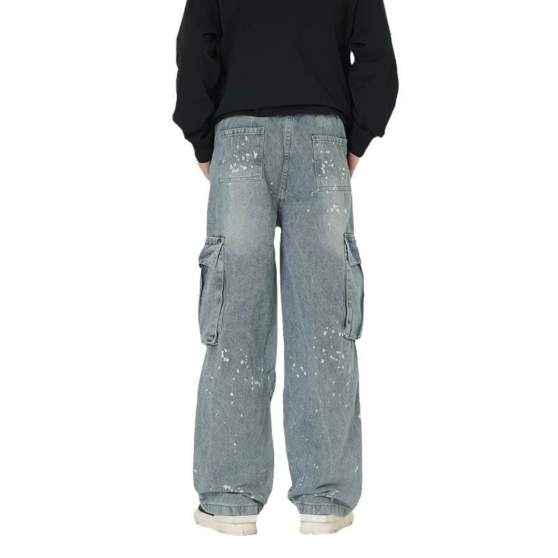 Pantalon de travail lavé en denim à jambes larges pour hommes avec de grandes poches