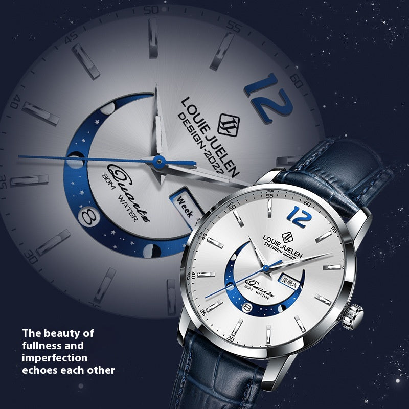 Master Moon Phase Luminous Waterproof Wrist Watch La mode masculine véritable bracelet en cuir