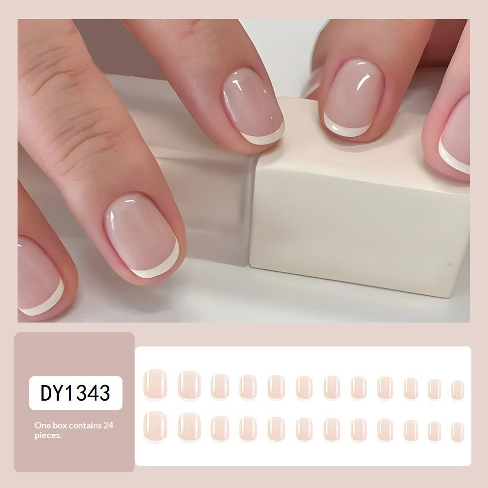 24pcs Girly Rose Sweet Short porter des ongles Pure blanc Français faux ongles approprié pour les femmes W