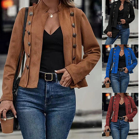Manteau à manches longues retro Velvet à boucle métallique à double rangée
