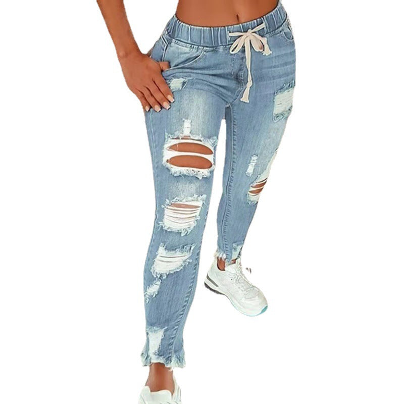 Amazon Européen et américain Style Elastic Waist Jeans Femme Haute-Waisted Skinny