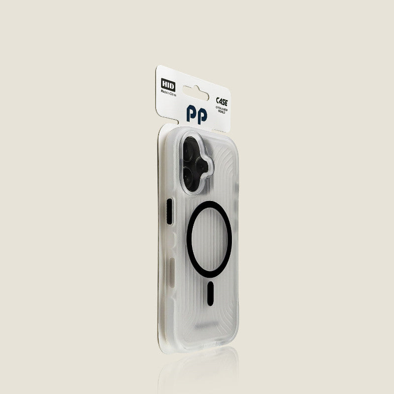 Cas de téléphone rayé noir mat avec fixation magnétique et lanyard intégré pour