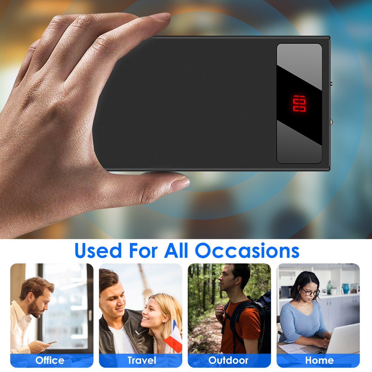 1Pc 20000mAh Power Bank Chargeur de téléphone ultra-mince Double Port USB Lampe de poche Batterie Rester D