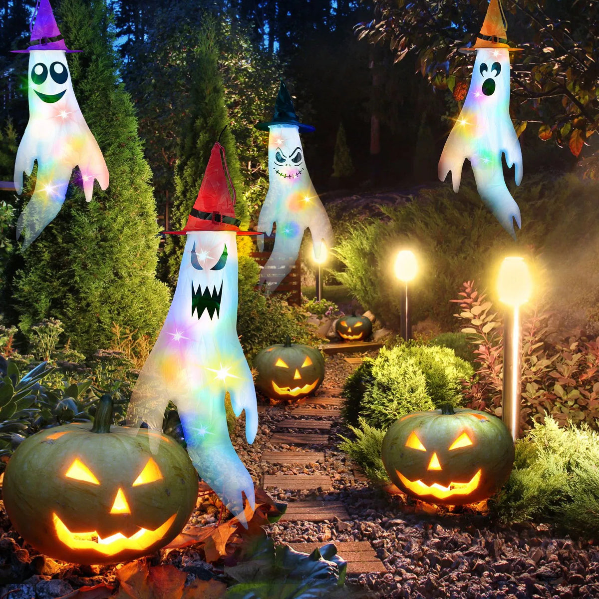 Ensemble de décoration suspendu d'Halloween - 4 éoliennes fantômes