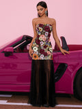 Robe de soirée sans sangle en 3D brodé avec panneaux de tulle