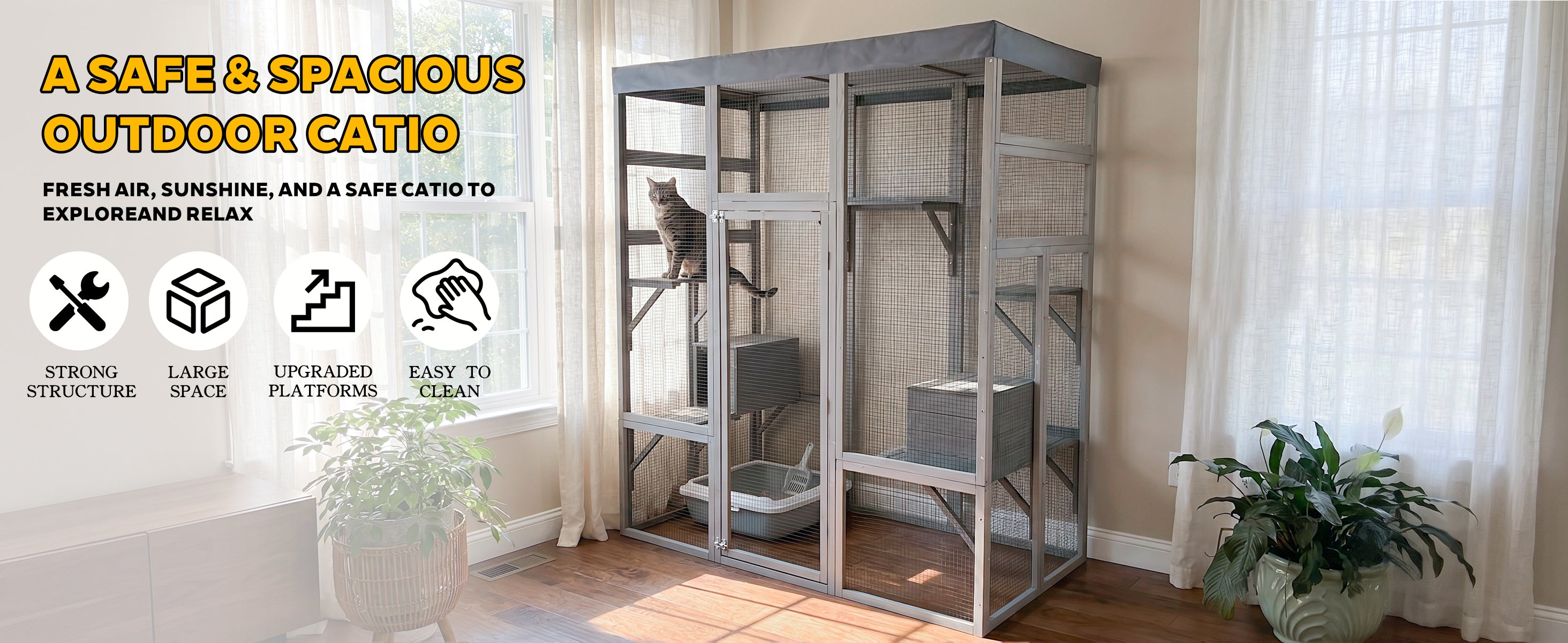 Catio en bois gris avec couvercle imperméable