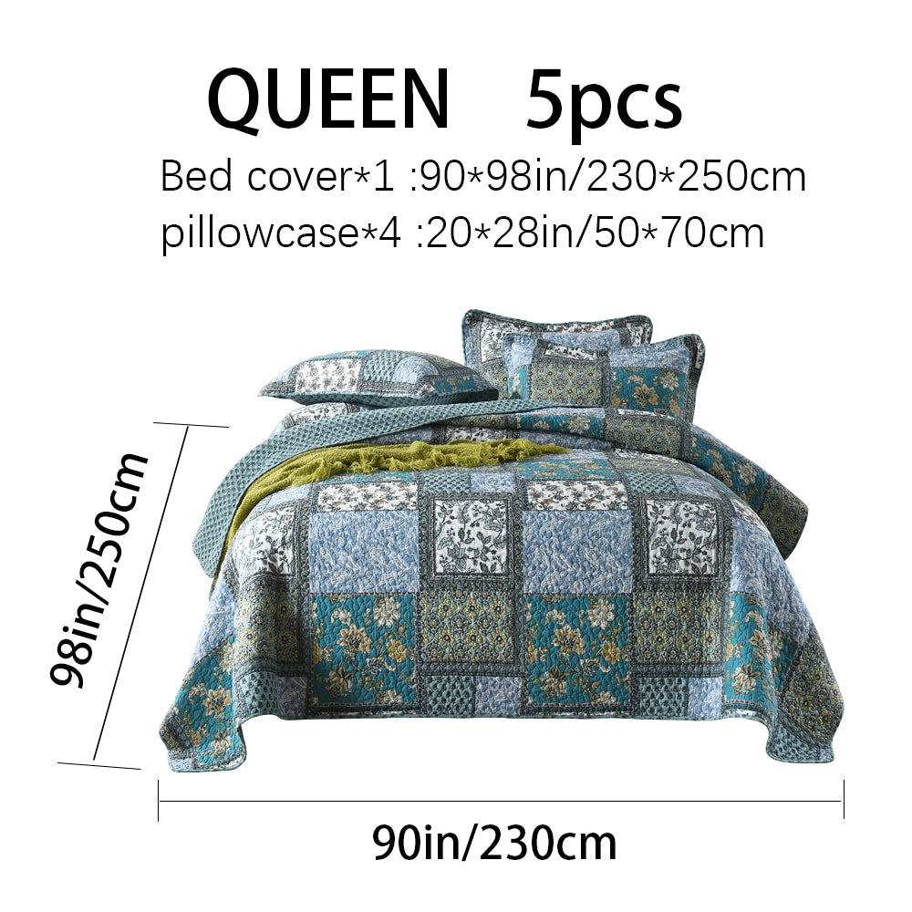 Cotton Reversible Quilt Bedspread Set Vintage Patchwork Floral Print Textured Stripe Rever