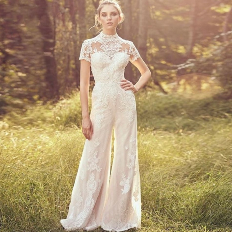 Pantalon de mariée costume mariage robes de mariée courte combinaison de saut à manches