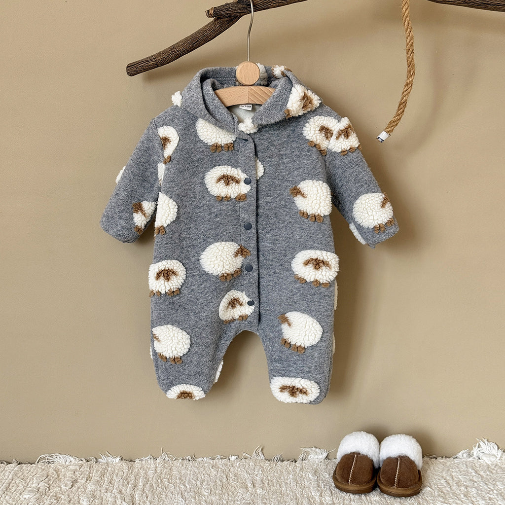 Grey hooded romper for babies and toddlers