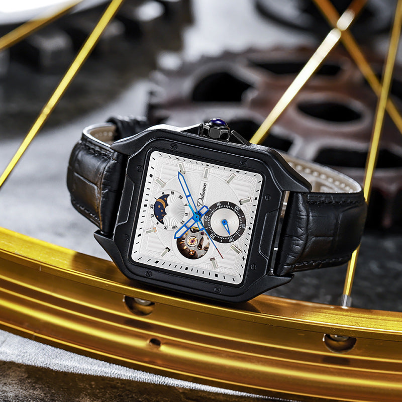 Flywheel étanche Hollow Out Trendy hommes Square Montre mécanique automatique