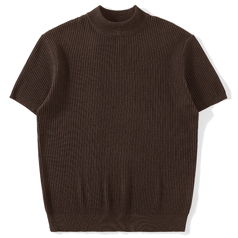 T-shirt tricoté à manches courtes pour homme Mock Neck Couleur solide