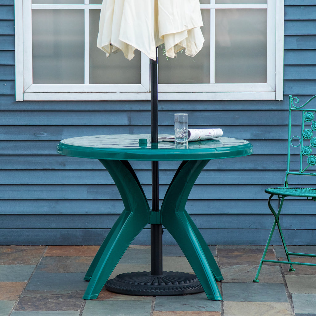 Table de patio ronde en plastique de 36,25 po de dia avec trou de parapluie